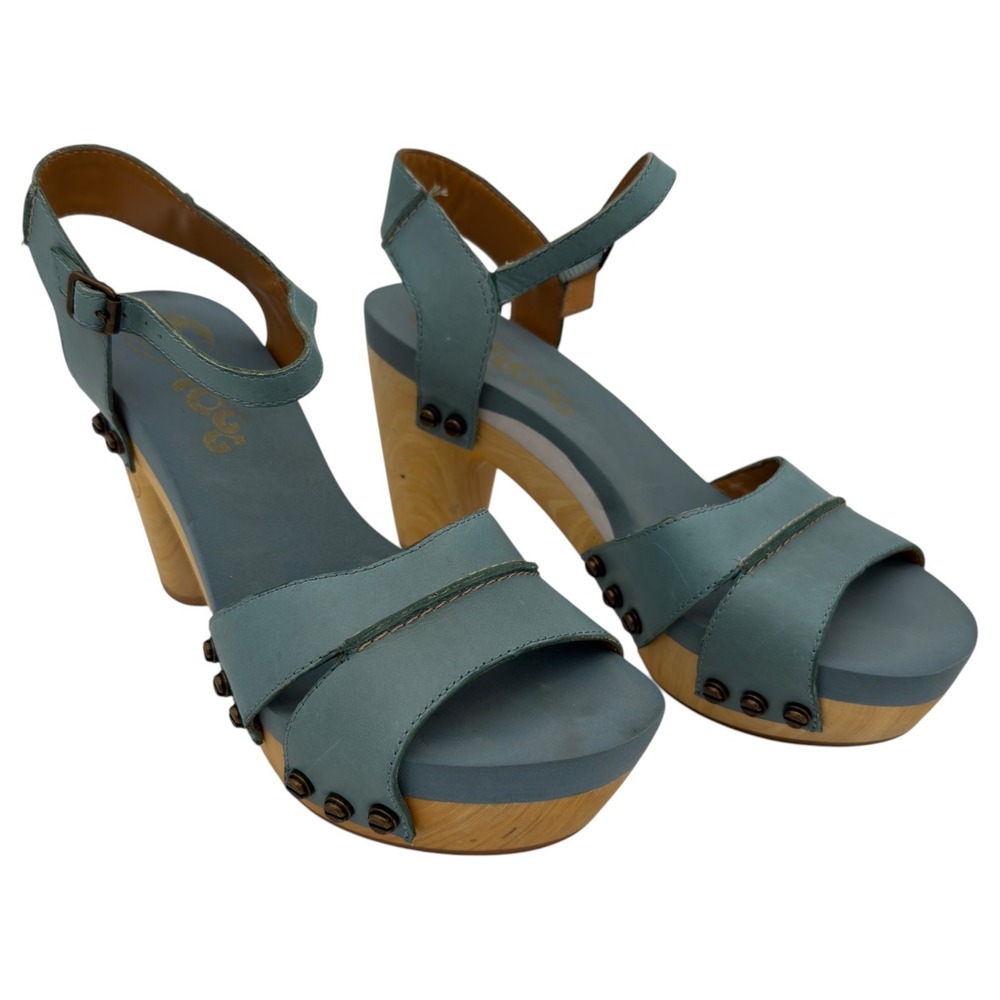 Flogg Wooden Platform Sandals Teal Leather Studded Heels Women's 7.5